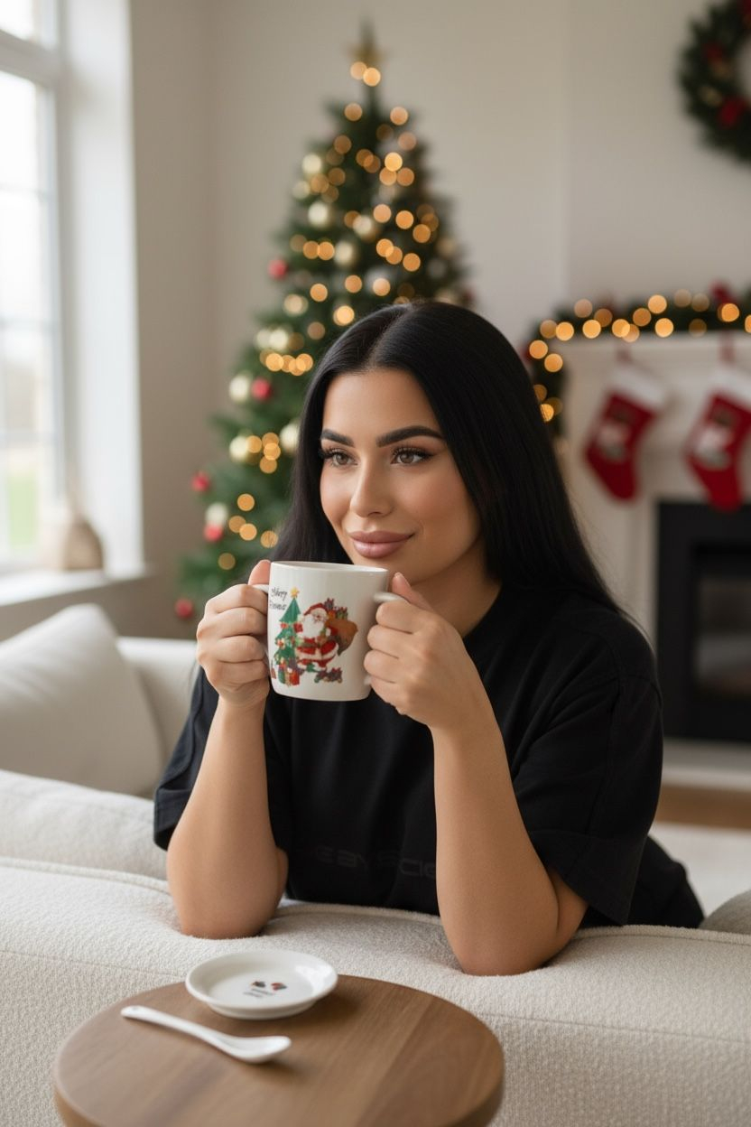 Set Cana Ceramica cu Lingurita, Tematica de Craciun, în Cutie Cadou – 14x14x8.5cm [2]