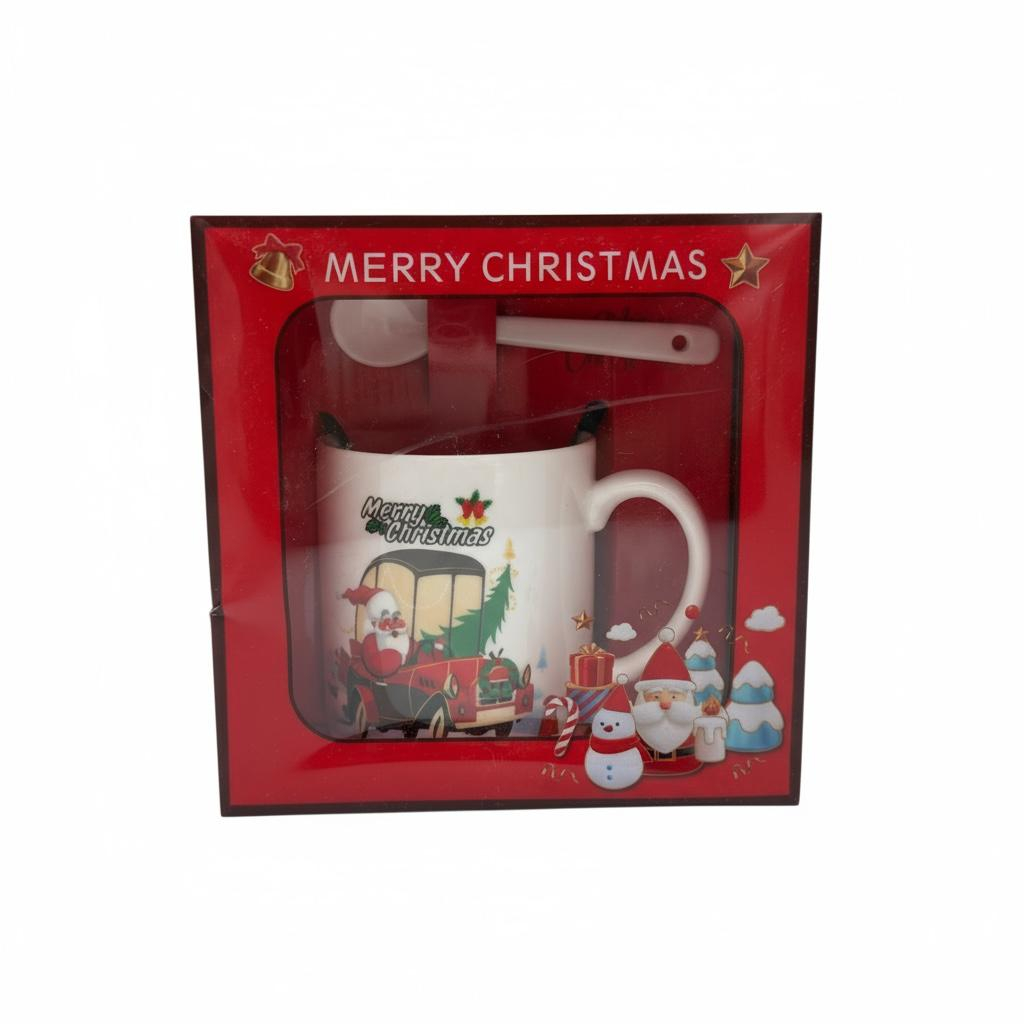 Set Cana Ceramica cu Lingurita, Tematica de Craciun, in Cutie Cadou - 14x14x8.5cm