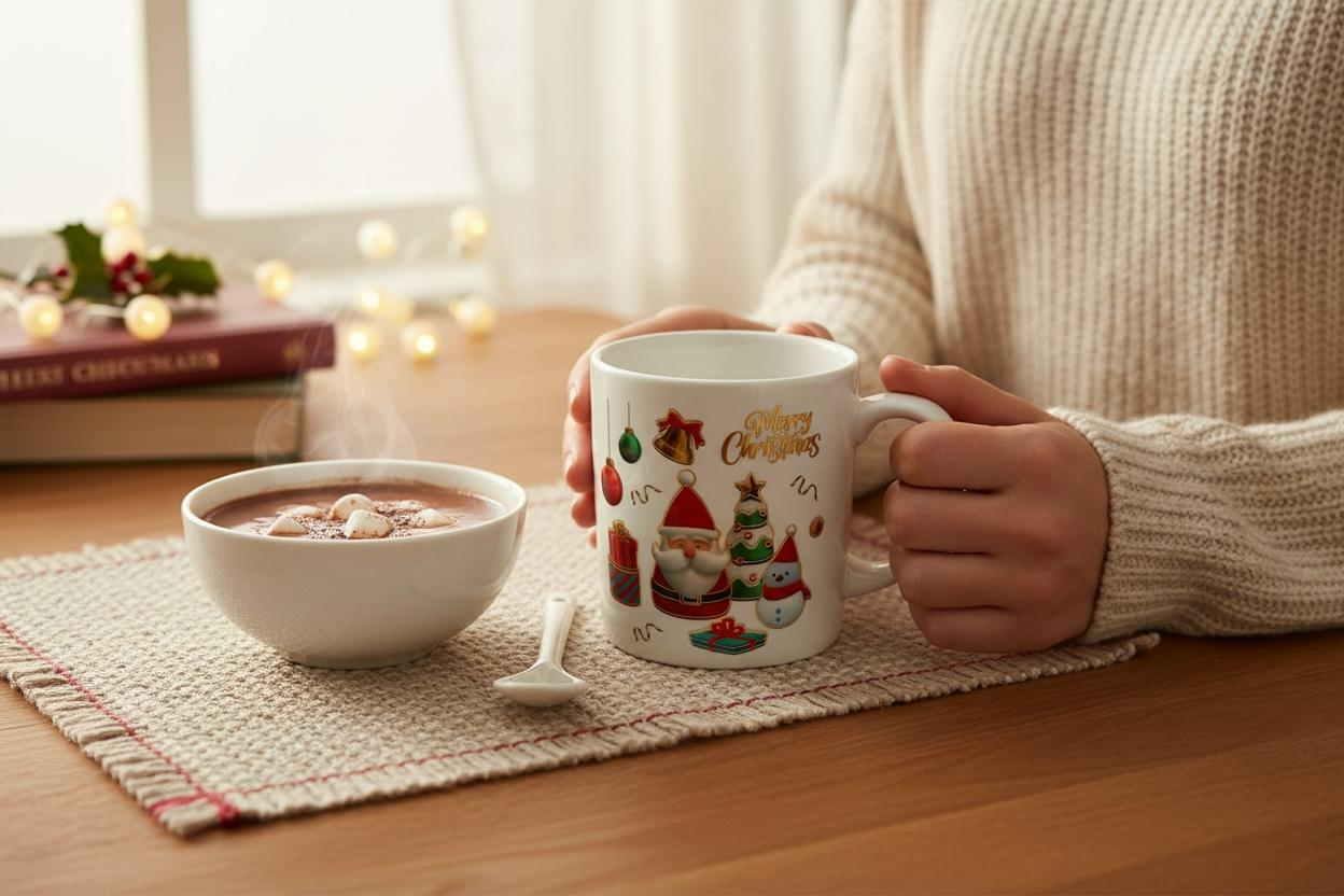 Set Cana Ceramica cu Lingurita, Tematica de Craciun, în Cutie Cadou – 14x14x8.5cm [3]