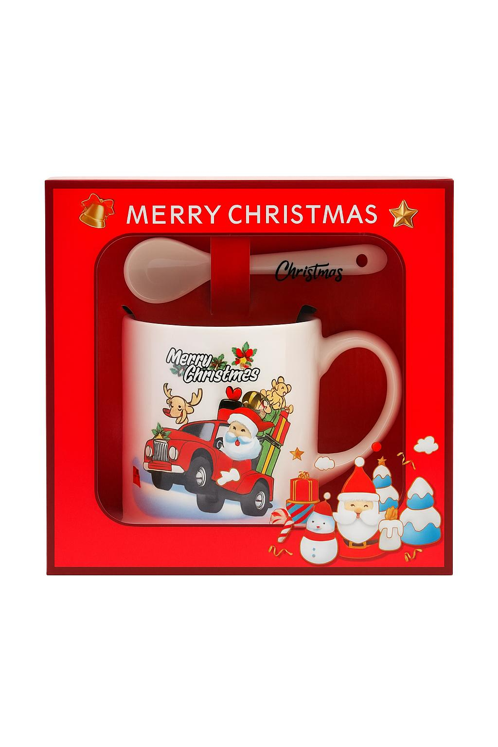 Set Cana Ceramica cu Lingurita, Tematica de Craciun, in Cutie Cadou - 14x14x8.5cm