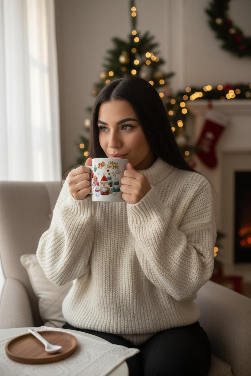 Set Cana Ceramica cu Lingurita, Tematica de Craciun, în Cutie Cadou – 14x14x8.5cm [1]