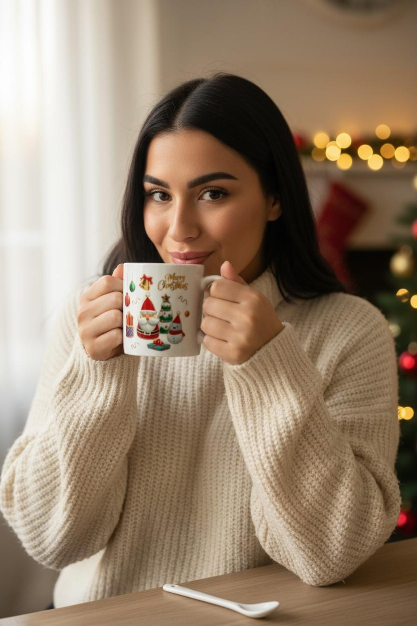 Set Cana Ceramica cu Lingurita, Tematica de Craciun, în Cutie Cadou – 14x14x8.5cm [1]