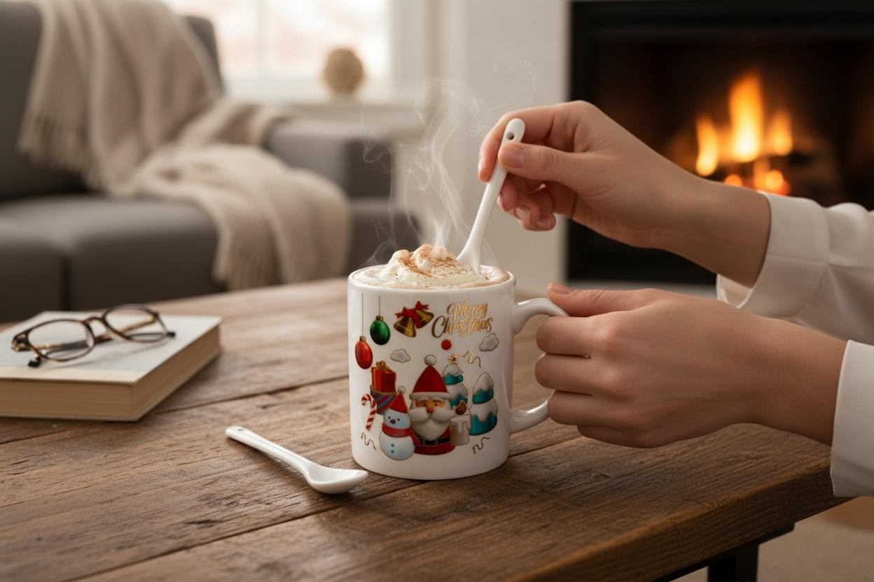 Set Cana Ceramica cu Lingurita, Tematica de Craciun, în Cutie Cadou – 14x14x8.5cm [2]