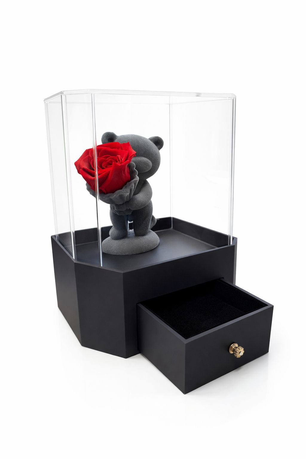 Trandafir criogenat natural in vitrina 22x15x15 cm, 1kg cu compartiment bijuterii si punga [1]