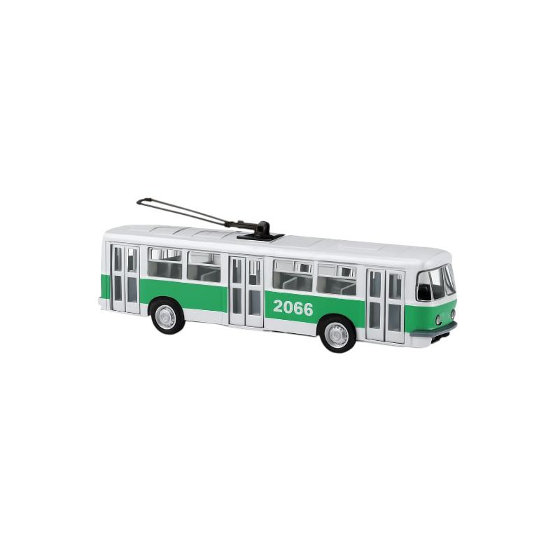 Troleibuz Metalic Die Cast Vision  Verde Alb - Lumini Sunete Mecanism Pull-Back Usi Deschise