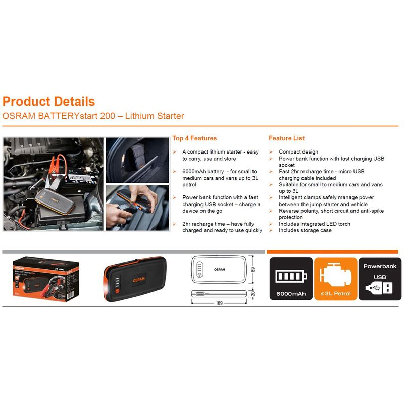 Baterie Ajutor Pornire OSRAM BATTERYstart 200, Jump Starter Portabil, 6000mAh, 12V [1]