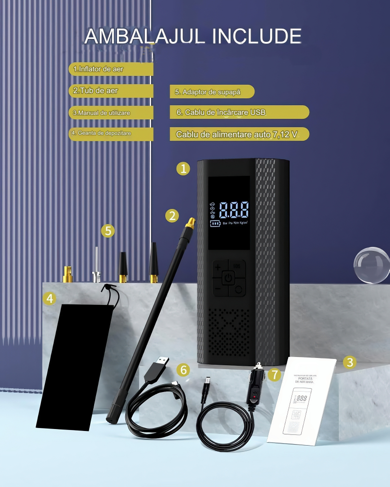 Pompa de Aer Wireless, Portabila, 150 PSI, Pentru Anvelope si Mingi, Baterie 2000 mAh, Afisaj Digital, Incarcator telefon USB si Type-C, Lanterna SOS, Dimensiune 17.5 x 8.5 cm, Negru [1]