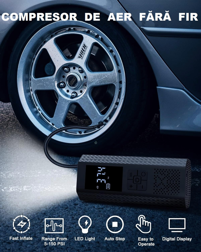 Pompa de Aer Wireless, Portabila, 150 PSI, Pentru Anvelope si Mingi, Baterie 2000 mAh, Afisaj Digital, Incarcator telefon USB si Type-C, Lanterna SOS, Dimensiune 17.5 x 8.5 cm, Negru [2]