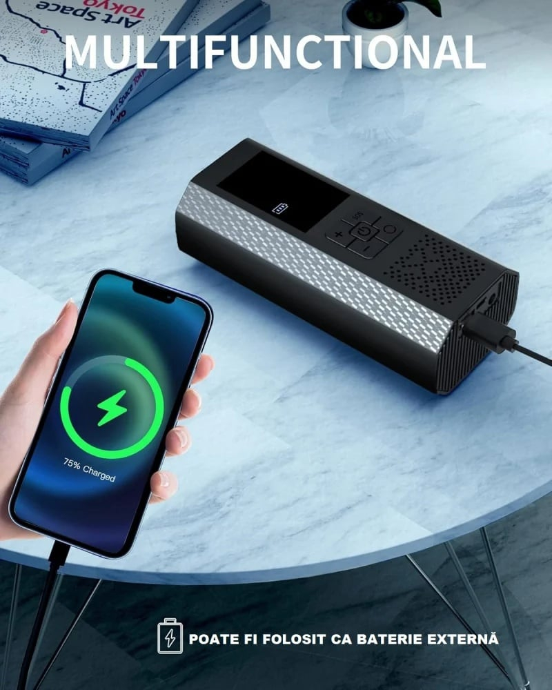 Pompa de Aer Wireless, Portabila, 150 PSI, Pentru Anvelope si Mingi, Baterie 2000 mAh, Afisaj Digital, Incarcator telefon USB si Type-C, Lanterna SOS, Dimensiune 17.5 x 8.5 cm, Negru [4]
