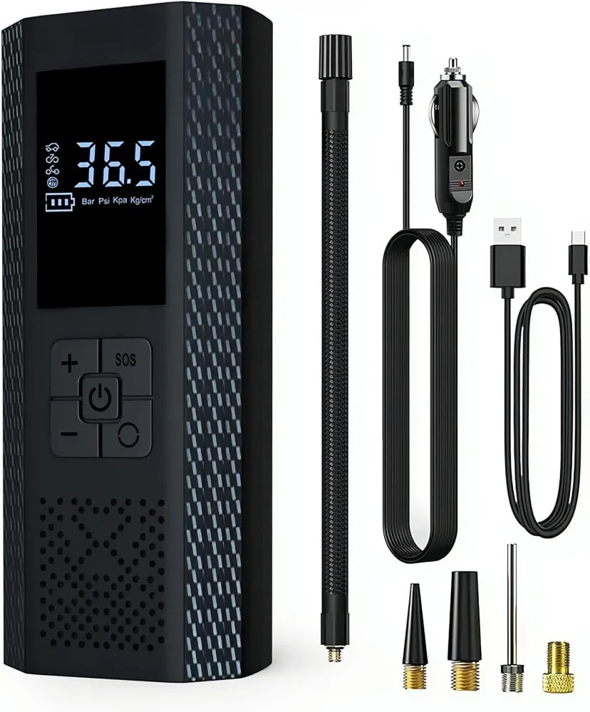 Pompa de Aer Wireless, Portabila, 150 PSI, Pentru Anvelope si Mingi, Baterie 2000 mAh, Afisaj Digital, Incarcator telefon USB si Type-C, Lanterna SOS, Dimensiune 17.5 x 8.5 cm, Negru [3]