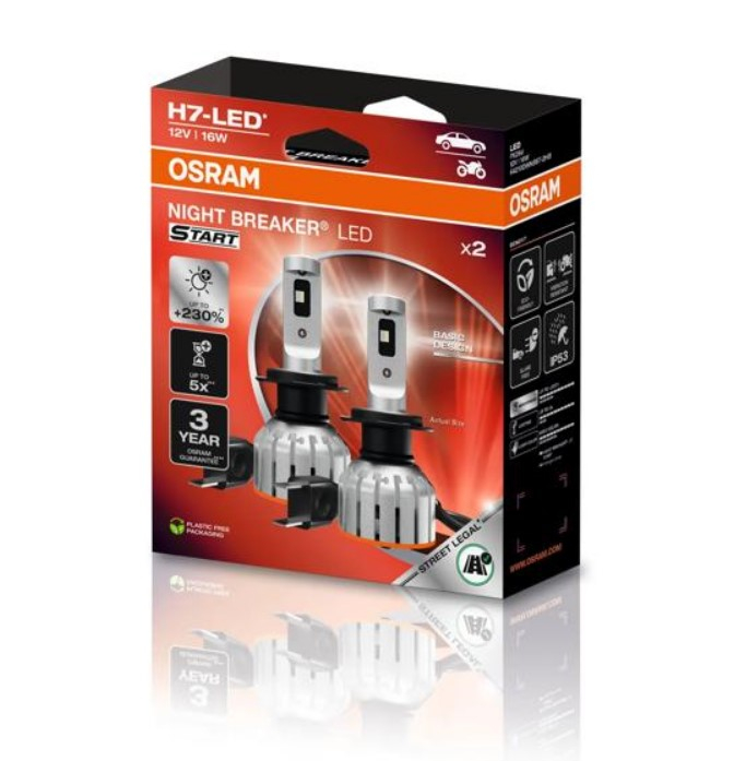 Set 2 becuri LED Osram Night Breaker LED Start H7, 12V, 16W, 6000K, 1500 lm, certificat RAR, 3 ani garanție [1]