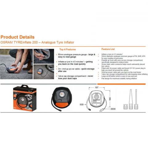 Kituri urgente & compresoare - Compresor Auto OSRAM TYREinflate 200, Portabil, 12V, Manometru Digital, Funcție Lanternă LED