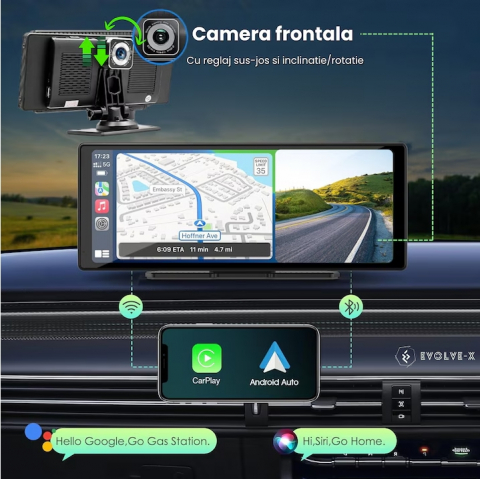 Navigație Auto Multimedia Android cu Apple CarPlay, Bluetooth și Cameră Frontală, Negru [3]