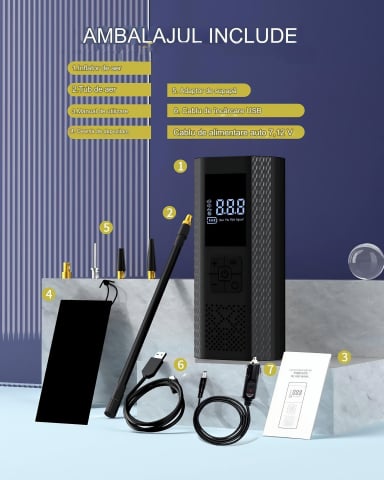 Accesorii & Tuning - Pompa de Aer Wireless, Portabila, 150 PSI, Pentru Anvelope si Mingi, Baterie 2000 mAh, Afisaj Digital, Incarcator telefon USB si Type-C, Lanterna SOS, Dimensiune 17.5 x 8.5 cm, Negru
