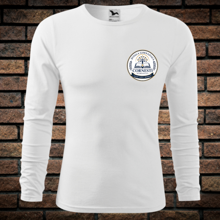 Uniformă Școlară ,,Scoala Gimnaziala Cornesti'' - Tricou cu Maneca Lunga Pentru Copii si Adolescenti, Alb, cu Imprimeu, Scoala Gimnaziala Cornesti