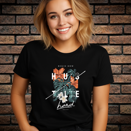 Tricouri Femei - Tricou Dama cu Imprimeu, HUSTLE HARD, Bumbac