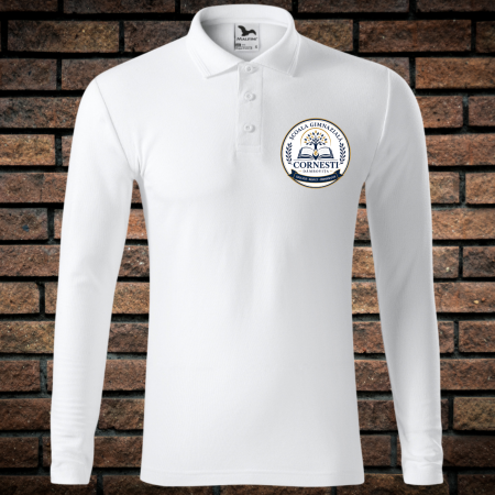 Uniformă Școlară ,,Scoala Gimnaziala Cornesti'' - Tricou Polo cu Maneca Lunga Pentru Copii si Adolescenti, Alb, cu Imprimeu, Scoala Gimnaziala Cornesti