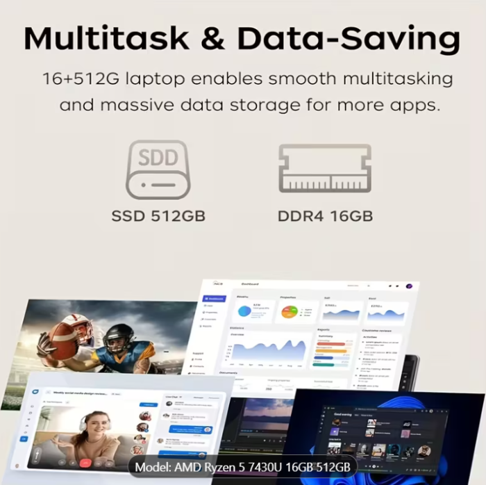 Laptop cu procesor AMD Ryzen 5 7430U 6C/12T, grafică AMD Radeon, 16GB DDR4, 512GB NVMe SSD, ecran IPS Full HD de 15.6", Wi-Fi 6, Type-C cu funcții complete, cameră web [2]