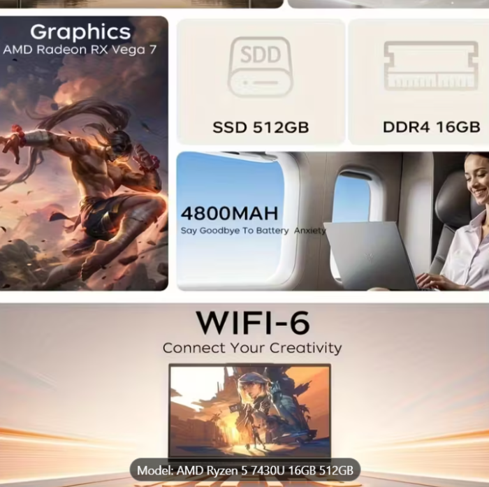 Laptop cu procesor AMD Ryzen 5 7430U 6C/12T, grafică AMD Radeon, 16GB DDR4, 512GB NVMe SSD, ecran IPS Full HD de 15.6", Wi-Fi 6, Type-C cu funcții complete, cameră web [1]