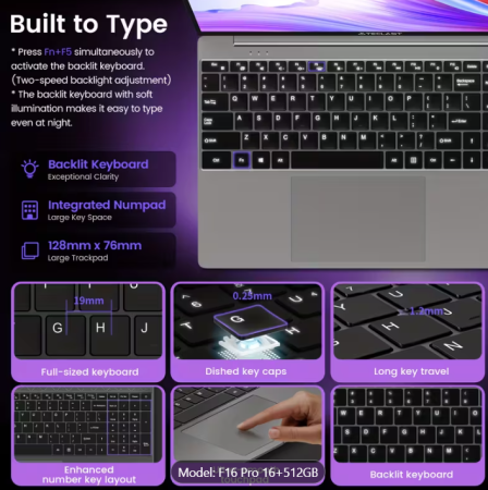 F16 Pro Laptop 15,6 inch Ecran Vasta, Intel Gen 12th CPU, Până la 16GB Ram +512GB SSD Slot 1920×1080 Full HD Windows11Pro Turbo Boost până la 3,4Ghz [2]