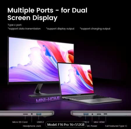 F16 Pro Laptop 15,6 inch Ecran Vasta, Intel Gen 12th CPU, Până la 16GB Ram +512GB SSD Slot 1920×1080 Full HD Windows11Pro Turbo Boost până la 3,4Ghz [1]
