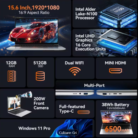 Laptop (2025), Windows 11 Pro, Ecran FHD+ 15.6", 12GB RAM, 512 GB SSD Intel Pentium Quad Core N100 Încărcare Rapidă, 200W Webcam Gri [4]