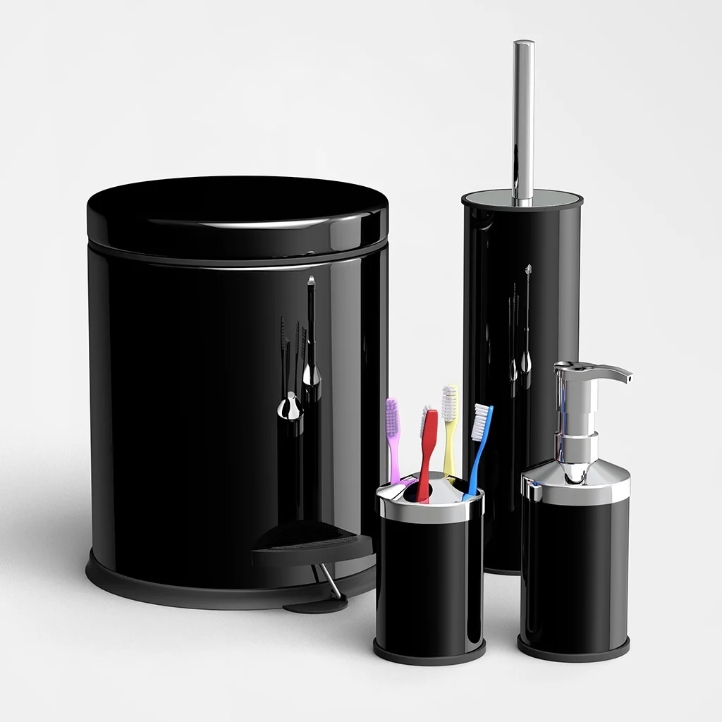 Seturi accesorii baie - Set 4 accesorii baie negru, cos gunoi, perie WC, suport periute dinti, dozator sapun
