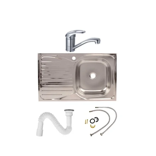 Chiuvete bucatarie - Set chiuveta bucatarie pentru masca cuva dreapta 80x50 cm baterie tija scurta si sifon de scurgere fara preaplin