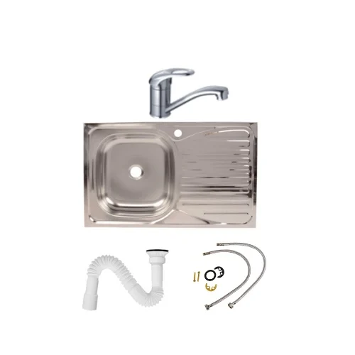 Chiuvete bucatarie - Set chiuveta bucatarie pentru masca cuva stanga 80x50 cm baterie tija scurta si sifon de scurgere fara preaplin