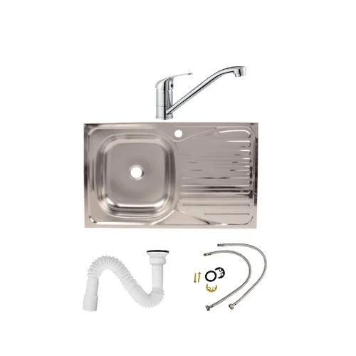 Chiuvete bucatarie - Set chiuveta bucatarie pentru masca cuva stanga 80x50 cm baterie tija lunga si sifon de scurgere fara preaplin