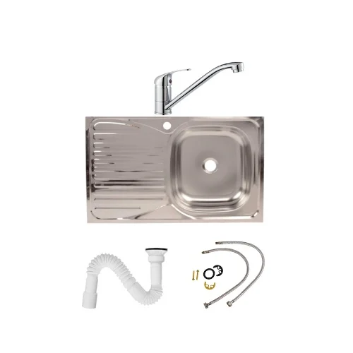 Chiuvete bucatarie - Set chiuveta bucatarie pentru masca cuva dreapta 80x50 cm baterie tija lunga si sifon de scurgere fara preaplin