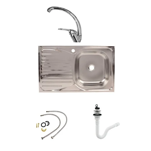 Chiuvete bucatarie - Set chiuveta bucatarie pentru masca cuva dreapta 80x50 cm baterie lebada si sifon de scurgere fara preaplin