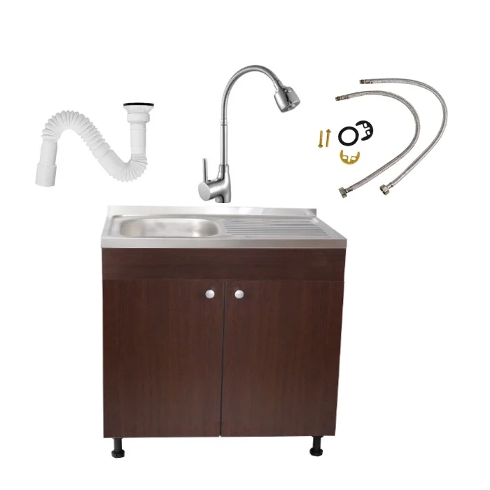 Mobilier bucatarie - Set Masca Chiuveta Wenghe 80 cm X 50 cm X 80 cm, chiuveta inox, baterie lebada flexibila si sifon scurgere