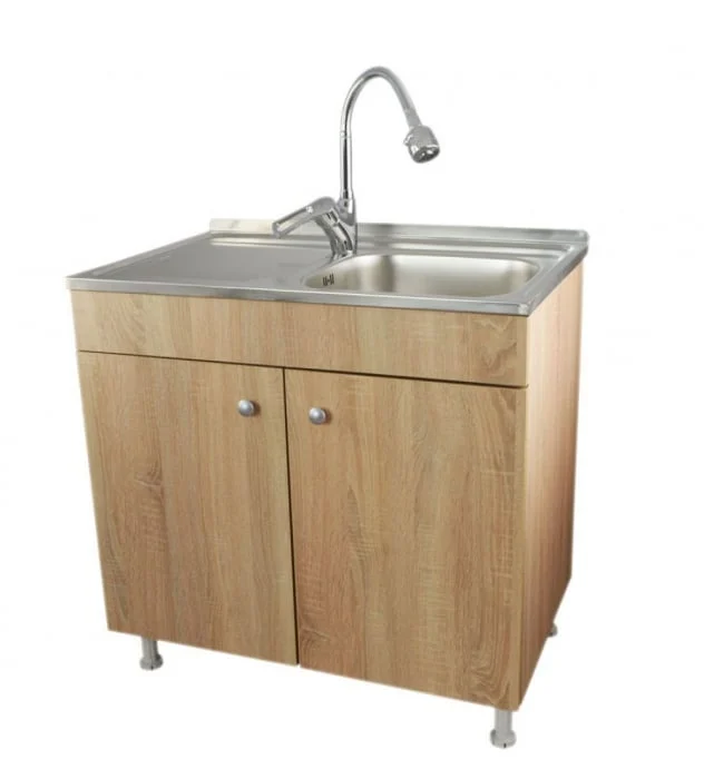 Mobilier bucatarie - Set Masca Chiuveta Sonoma 80 cm X 50 cm X 80 cm, chiuveta inox, baterie lebada flexibila si sifon scurgere