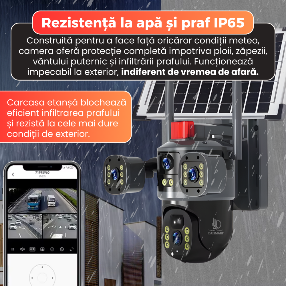 Camera de supraveghere exterior cu panou solar, Daismart®️, 4G, 3 lentile, vizualizare 3 ecrane, rotire 360, baterie 8000mah, 12 MP, detectie umana ai, viziune nocturna color, alarma si lumina, ip65, [5]