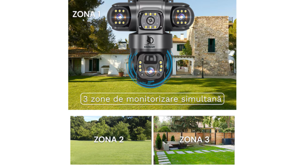 Camera de Supraveghere Video 4G Tripla Cu Panou Solar 8W Daismart, 6MP ULTRA HD, Baterie 8000mah, Rotire 350°, Alarma Miscare, Urmarire Inteligenta, Comunicare Bidirectionala, Night Vision, PTZ, DVR,  [3]