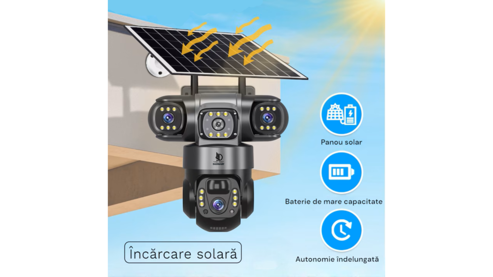 Camera de Supraveghere Video 4G Tripla Cu Panou Solar 8W Daismart, 6MP ULTRA HD, Baterie 8000mah, Rotire 350°, Alarma Miscare, Urmarire Inteligenta, Comunicare Bidirectionala, Night Vision, PTZ, DVR,  [6]