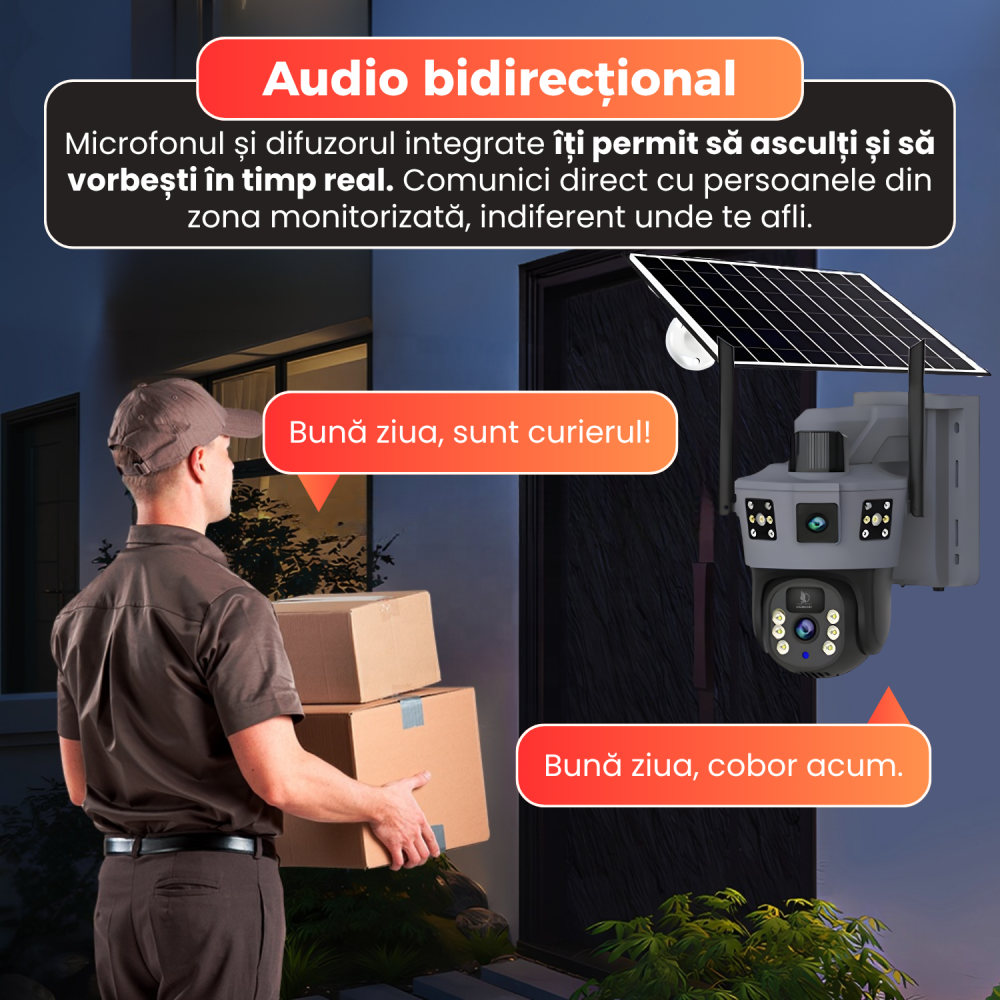 Camera supraveghere cu panou solar, Daismart, 4G, 1080P, Zoom Optic 10X, vedere nocturna color 100m, dual lens, detectare umana, urmarire automata, audio bidirectional, control 360°, IP66, exterior, g [9]