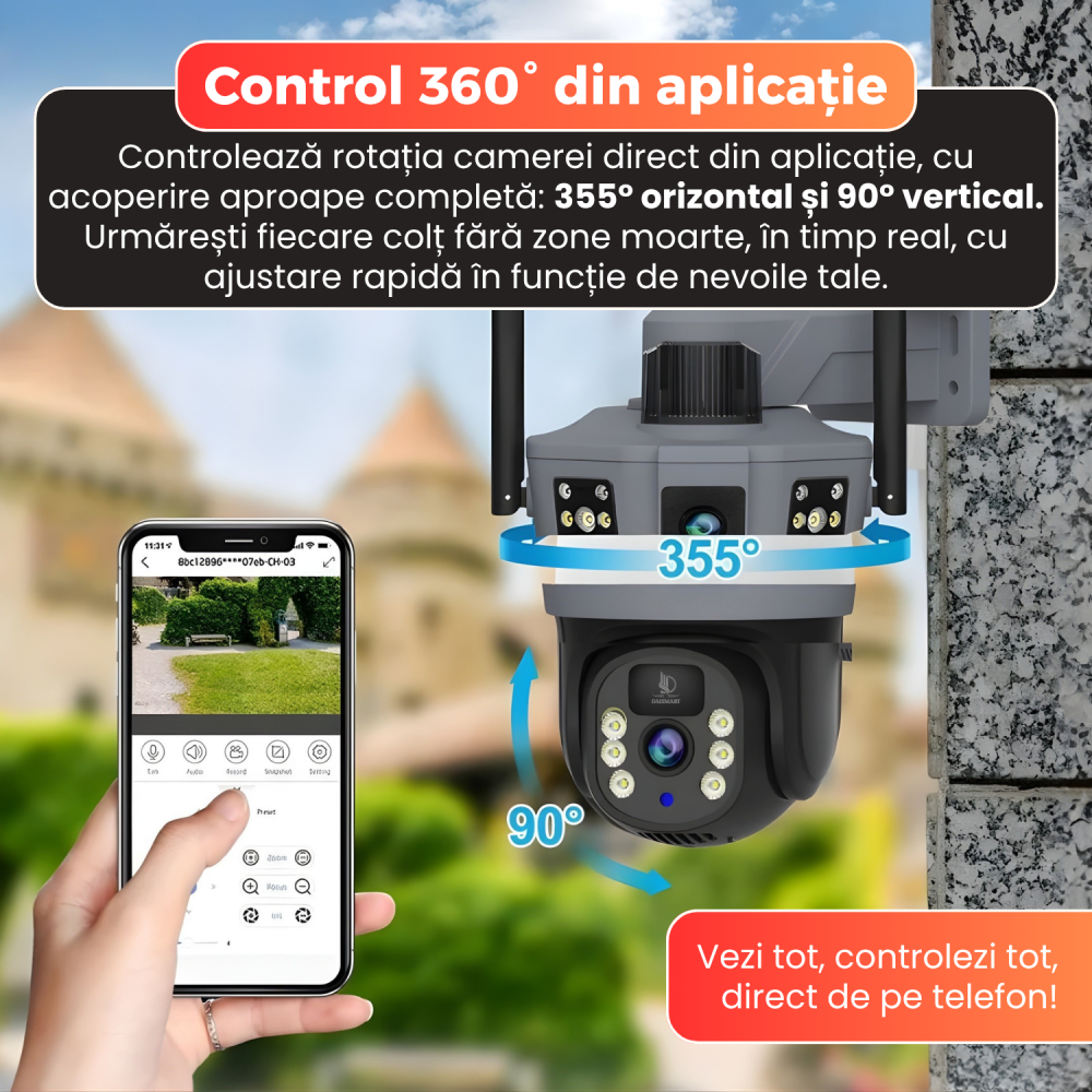 Camera supraveghere cu panou solar, Daismart, 4G, 1080P, Zoom Optic 10X, vedere nocturna color 100m, dual lens, detectare umana, urmarire automata, audio bidirectional, control 360°, IP66, exterior, g [3]