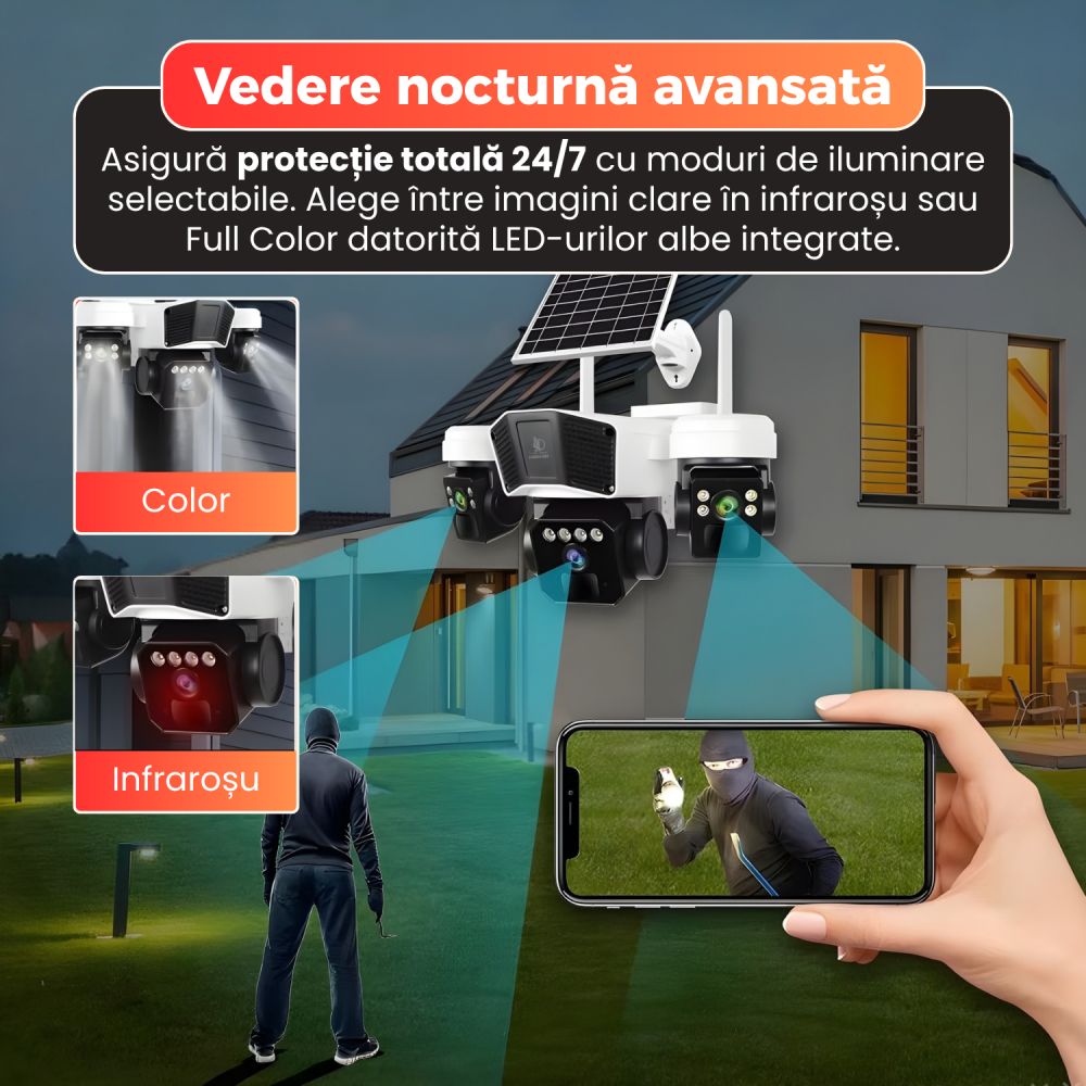 Camera supraveghere exterior, Daismart, 4G Ultra HD 12MP, panou solar 16W, Vedere 355°, acumulator 8000mAh, night vision color, audio bidirectional, senzor miscare AI, IP66, negru [4]