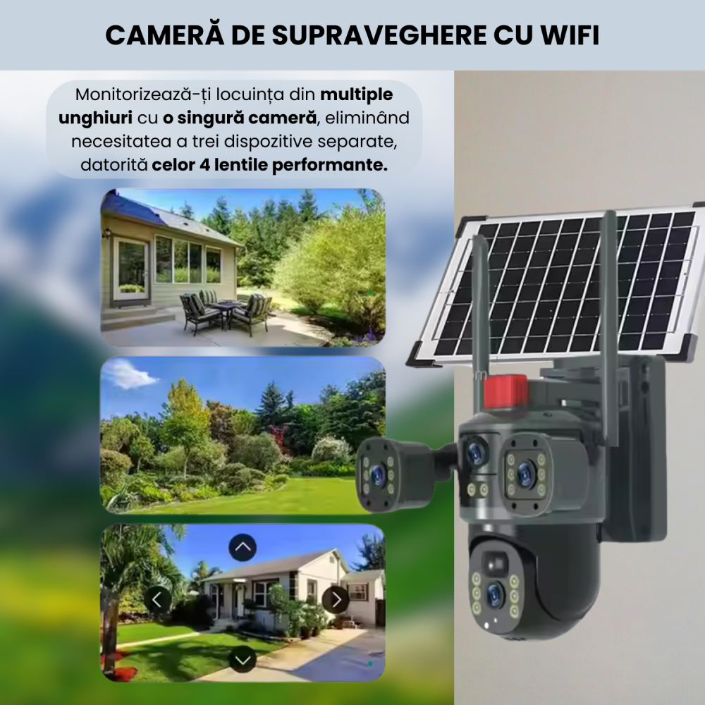 Camera supraveghere video tripla, WI-FI, Daismart, ULTRA HD, autonomie solara si incarcare la priza, 12MP, 6K, viziune nocturna colorata, detectare miscare, alarma inteligenta, gimbal 360°, negru [2]