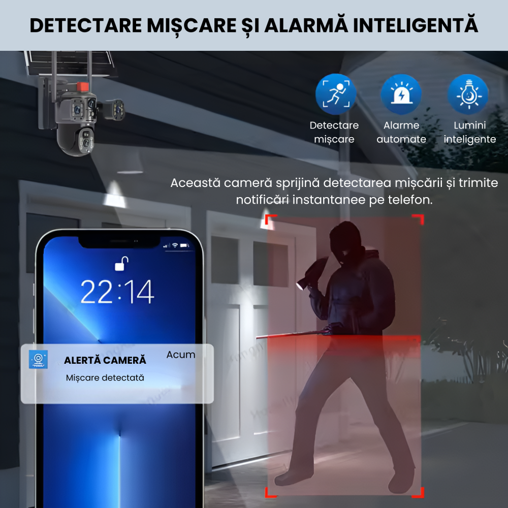Camera supraveghere video tripla, WI-FI, Daismart, ULTRA HD, autonomie solara si incarcare la priza, 12MP, 6K, viziune nocturna colorata, detectare miscare, alarma inteligenta, gimbal 360°, negru [6]
