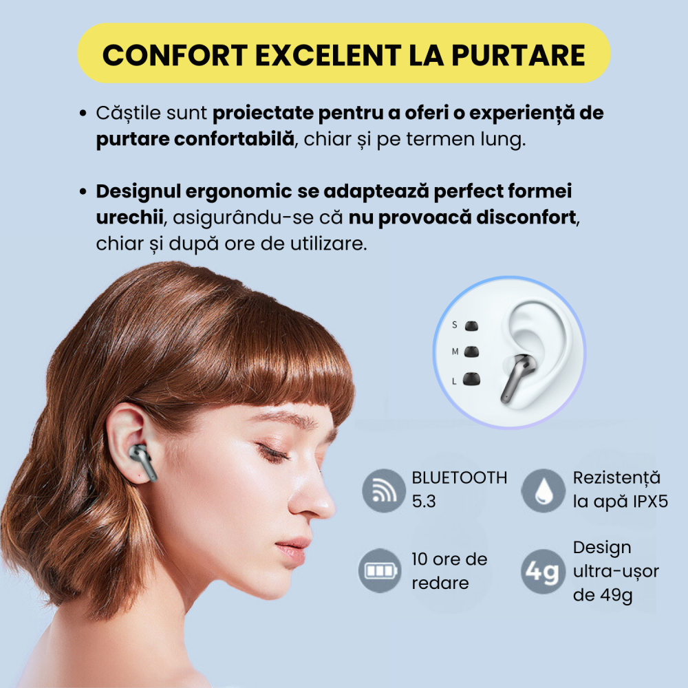 Casti wireless bluetooth Daismart®️ cu anularea zgomotului imbunatatita, Audio, Fara fir, Afisaj Digital, Bluetooth 5.3, Autonomie 42 ore, Microfon HD, Control tactil/touch, Latenta de 45 ms, Rezisten [3]