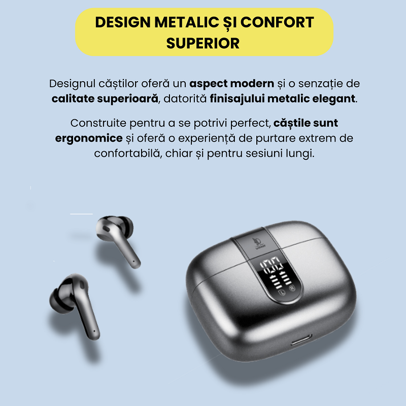 Casti wireless bluetooth Daismart®️ cu anularea zgomotului imbunatatita, Audio, Fara fir, Afisaj Digital, Bluetooth 5.3, Autonomie 42 ore, Microfon HD, Control tactil/touch, Latenta de 45 ms, Rezisten [9]