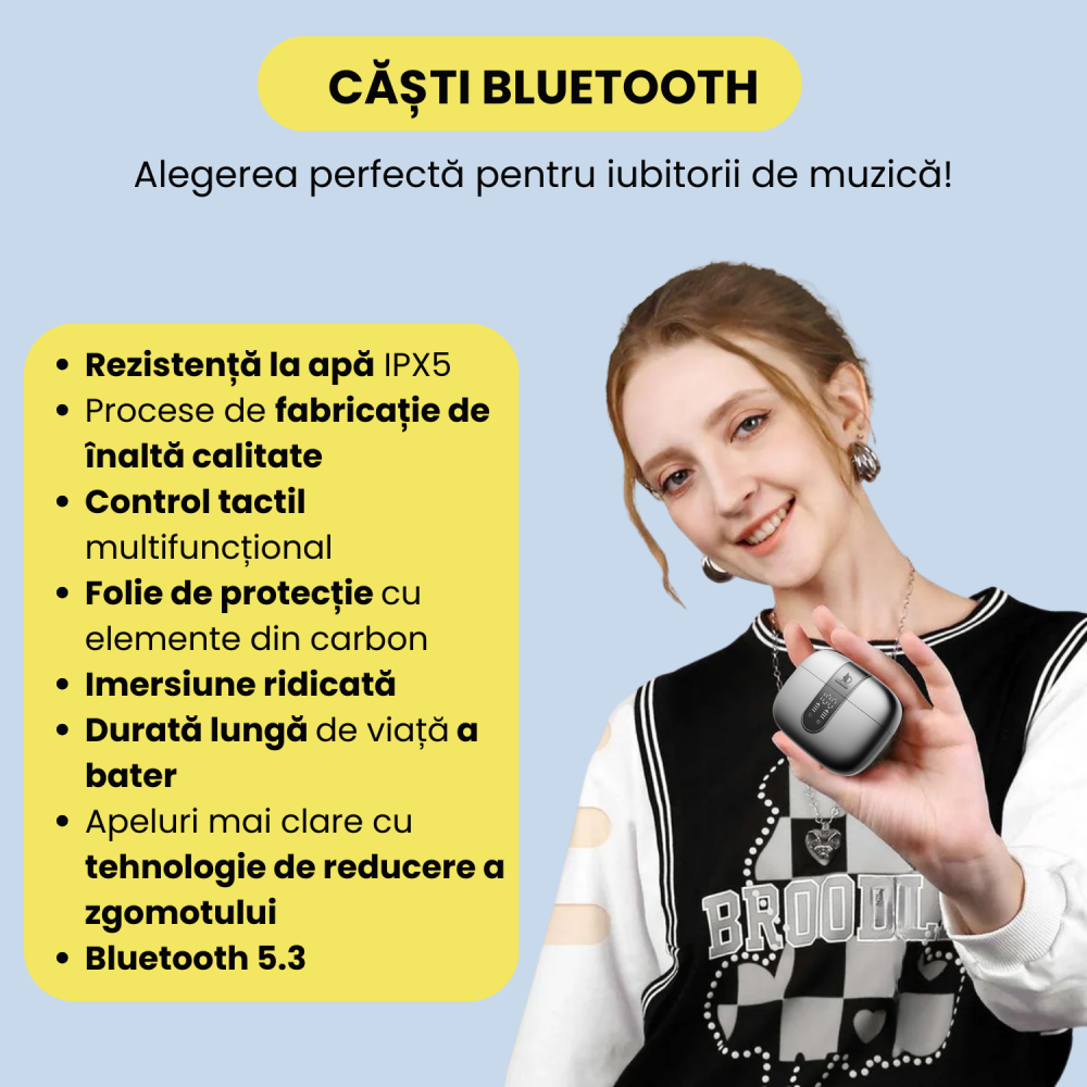 Casti wireless bluetooth Daismart®️ cu anularea zgomotului imbunatatita, Audio, Fara fir, Afisaj Digital, Bluetooth 5.3, Autonomie 42 ore, Microfon HD, Control tactil/touch, Latenta de 45 ms, Rezisten [2]