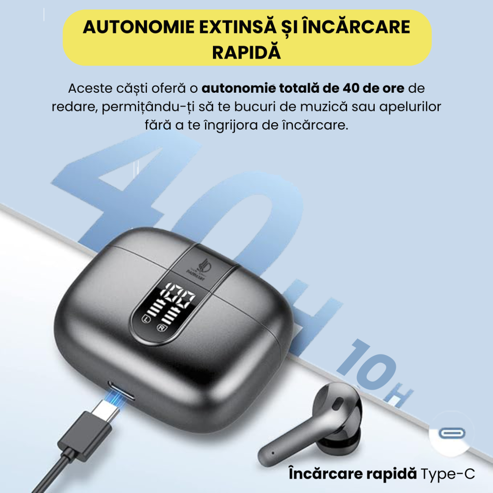 Casti wireless bluetooth Daismart®️ cu anularea zgomotului imbunatatita, Audio, Fara fir, Afisaj Digital, Bluetooth 5.3, Autonomie 42 ore, Microfon HD, Control tactil/touch, Latenta de 45 ms, Rezisten [7]