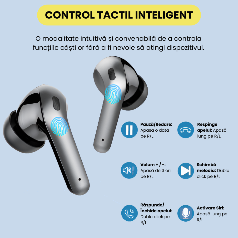 Casti wireless bluetooth Daismart®️ cu anularea zgomotului imbunatatita, Audio, Fara fir, Afisaj Digital, Bluetooth 5.3, Autonomie 42 ore, Microfon HD, Control tactil/touch, Latenta de 45 ms, Rezisten [6]