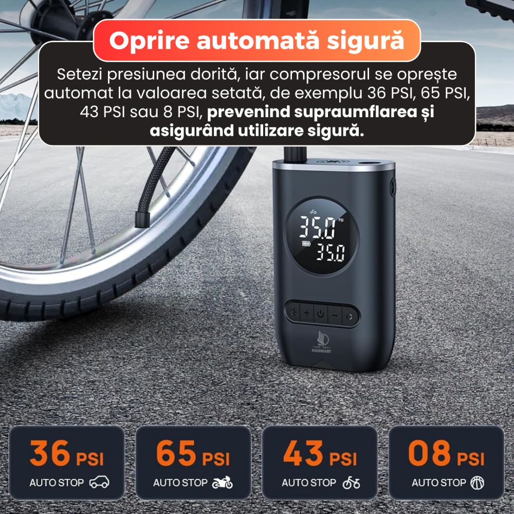 Compresor aer portabil auto, Daismart, afisaj digital, oprire automata, 5 moduri presetate, USB Tip-C, baterie reincarcabila, iluminare LED, multi-purpose, pentru masina, bicicleta, motocicleta, mingi [2]