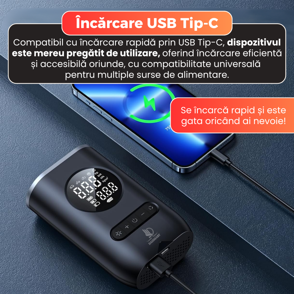 Compresor aer portabil auto, Daismart, afisaj digital, oprire automata, 5 moduri presetate, USB Tip-C, baterie reincarcabila, iluminare LED, multi-purpose, pentru masina, bicicleta, motocicleta, mingi [4]