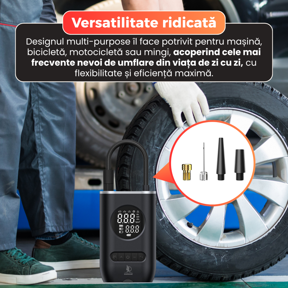 Compresor aer portabil auto, Daismart, afisaj digital, oprire automata, 5 moduri presetate, USB Tip-C, baterie reincarcabila, iluminare LED, multi-purpose, pentru masina, bicicleta, motocicleta, mingi [6]